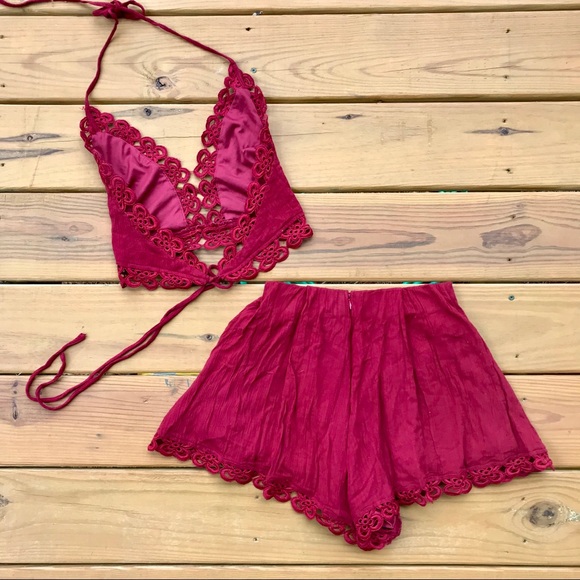 Red with Lace Detail Two Piece Set - Picture 4 of 8